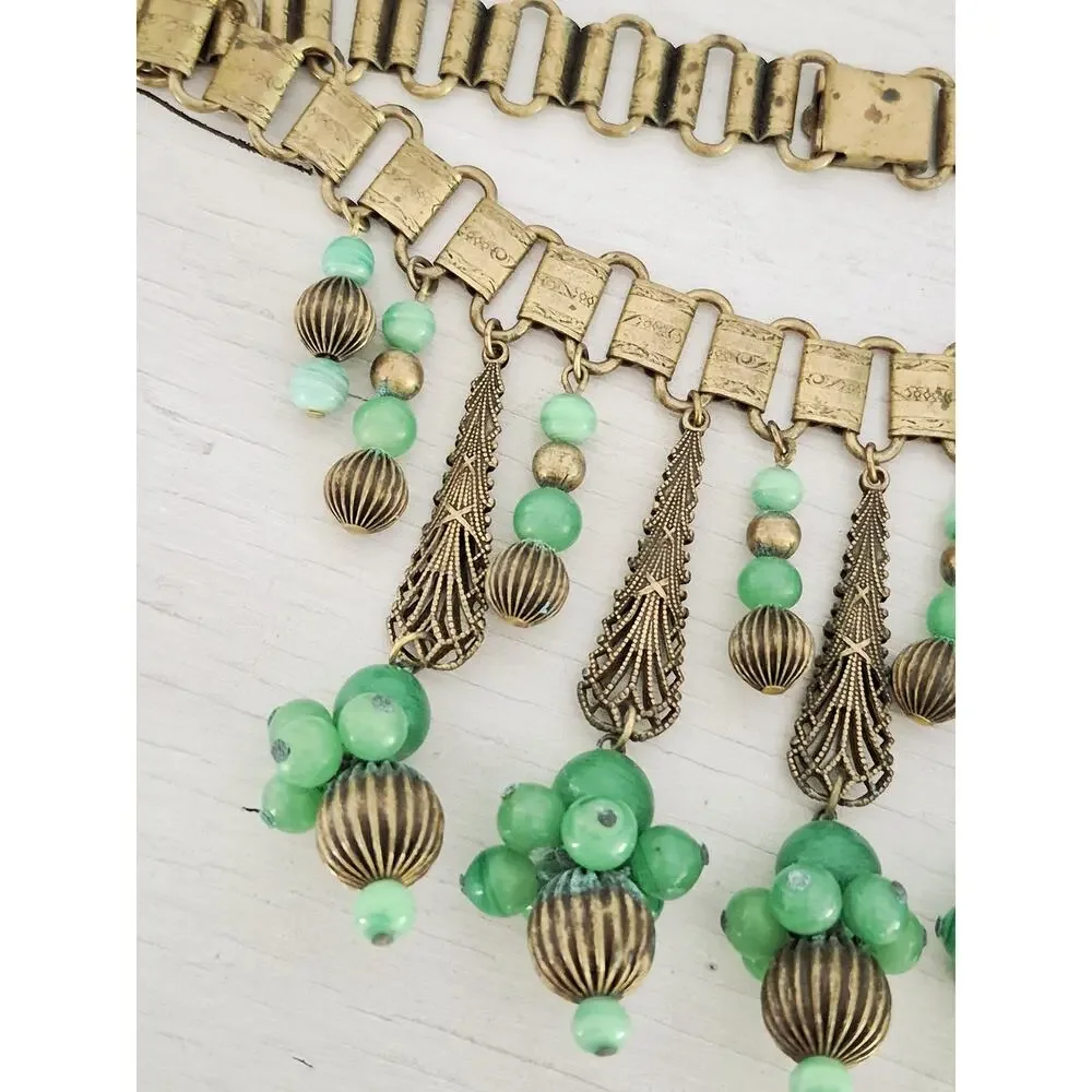Antique Vintage Art Deco Book Chain Czech Glass Filigree Dangle Collar Necklace